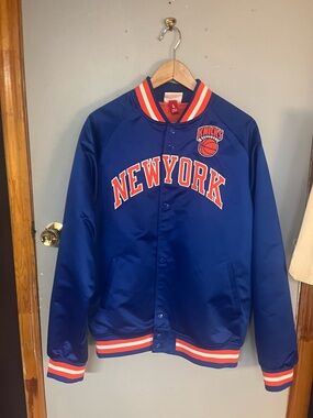 Mitchell & Ness New York Knicks Blue and Orange Satin Bomber Jacket